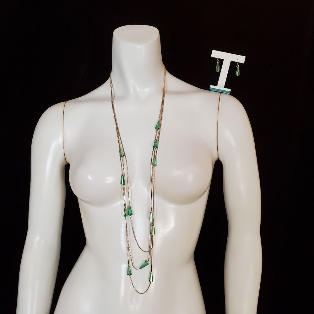 Charming Charlie Gold & Green Multilayer Necklace & Earrings Set
